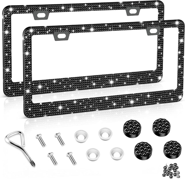 Bling License Plate Frame Women 2Pack Rhinestone Crystal Premium Stainless Steel