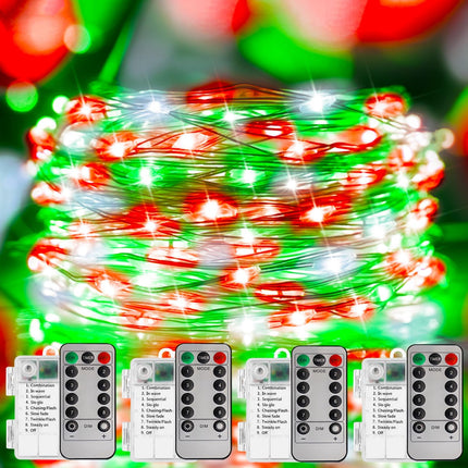 Christmas String Lights, 400 LED White, Green & Red, 4-Pack Copper Battery-Powered Lights