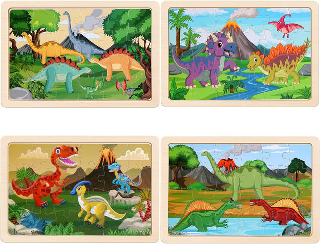 Wooden Dinosaur Puzzles – 4-Pack, 20 Pieces, Educational Toy for Kids 3-6