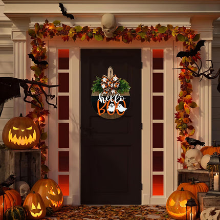 Halloween Ghost Wreath, Wooden Door Sign Hanger for Front Door Halloween Decor