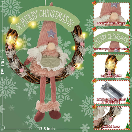 Christmas Gnome Wreath – 13.5" LED Lights & Timer for Door or Wall Decor