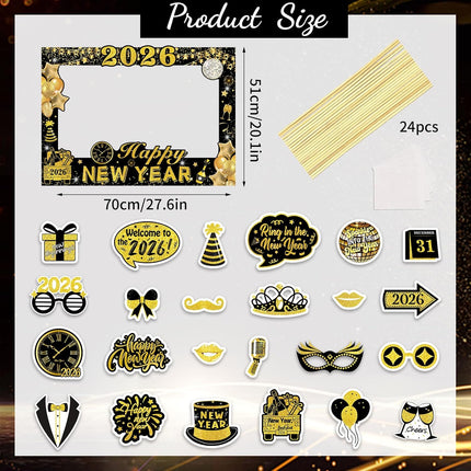 24-Pc 2026 NYE Photo Booth Props – Black & Gold Selfie Frame Set