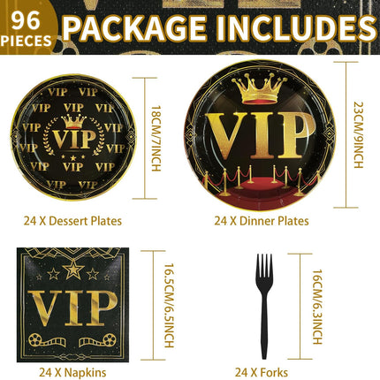 96pcs VIP Party Tableware Set – Red Carpet Plates & Napkins for 24 Guests