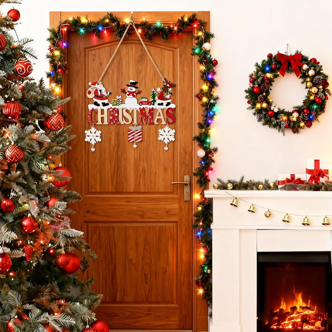 Merry Christmas Wooden Hanging Sign Ornament Santa Snowflake Jingle Bells