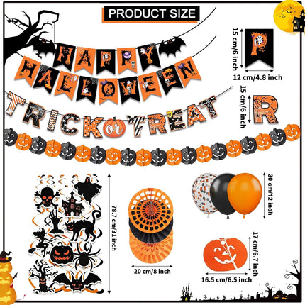 Happy Halloween Trick or Treat Banner, Paper Fans, Balloons & Swirl Party Decor