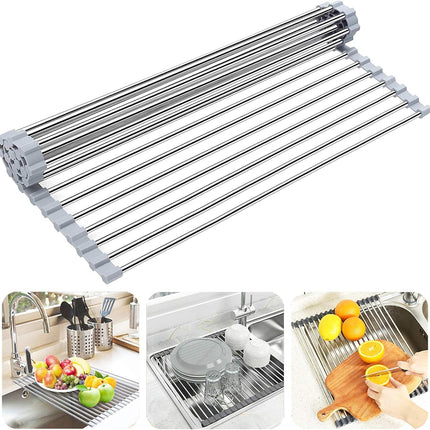 Roll Up Dish Drying Rack Over Sink Foldable Stainless Steel Kitchen Rack