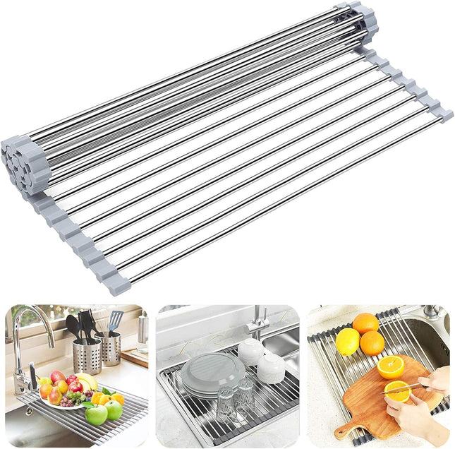 Roll Up Dish Drying Rack Over Sink Foldable Stainless Steel Kitchen Rack