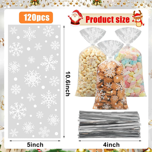 120-Piece Winter Cellophane Treat Bags 5 x 10.6 Inch Clear Plastic Snowflake Candy Bags