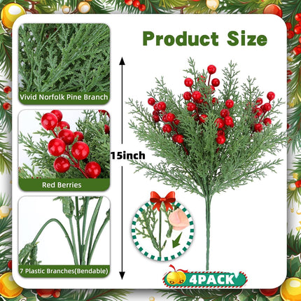 4 Bundles Christmas Flower Picks – Faux Pine & Red Berry Stems for DIY Decor