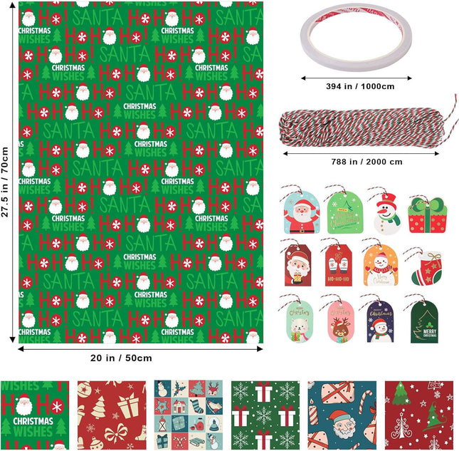 Christmas Gift Wrapping Paper Set – 12 Sheets of Classic Kraft Holiday Wrap with Gift Tags