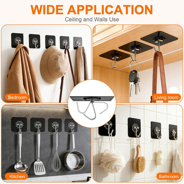 8-Pack Heavy Duty Adhesive Hooks – 50lb Max, Black, Removable & Waterproof
