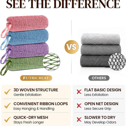 4-Pack African Net Sponge Washcloths, Exfoliating Body & Back Scrubbers, Travel Shower Set