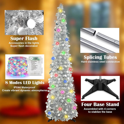 5FT Silver Christmas Pop-Up Tree LED Lights, Timer, Glitter Pencil Tree Decor