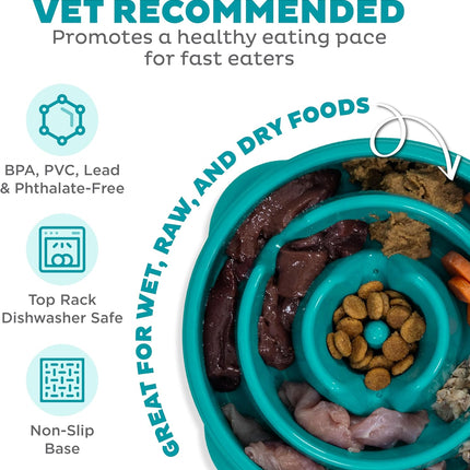 Fun Feeder Slo Bowl for Small to Medium Dogs & Cats, 2-Cup Capacity (Turquoise)