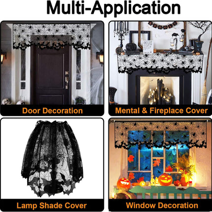 3-Piece Halloween Lace Lamp Shade Covers, 20x60in Spiderweb Scarf Party Decor