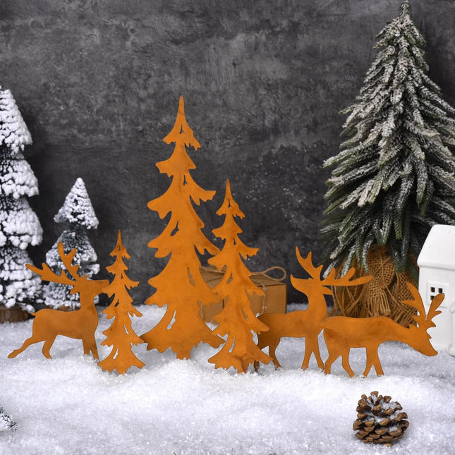 6PCS Vintage Metal Christmas Trees & Reindeer Set – Rustic Tabletop Holiday Decor