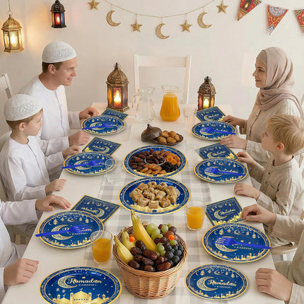 96 Pcs Ramadan Plates & Napkins Set – Blue Gold Eid Mubarak, Serves 24