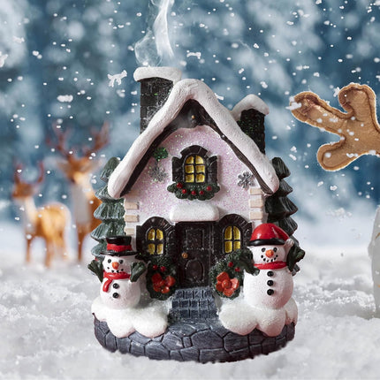Christmas Cabin Incense Holder – Snow House with Tree & Snowman Holiday Decor
