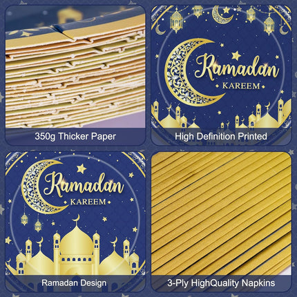 96 Pcs Ramadan Plates & Napkins Set – Blue Gold Eid Mubarak, Serves 24