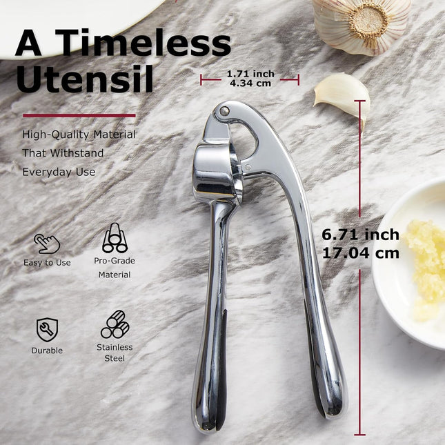 Premium Garlic Press Set – Heavy Duty Mincer with Peeler & Brush, Gloss Silver