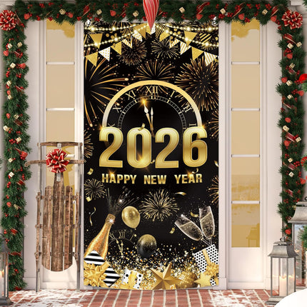 Happy New Year 2026 Door Banner Black Gold Fireworks Party Decoration