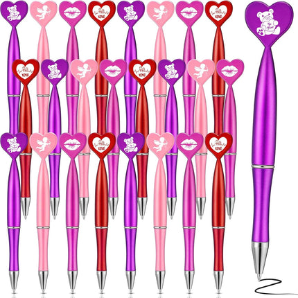 24 Pcs Valentine’s Day Heart-Shaped Pens: Black Ink Ballpoint Pens with Bear & Angel