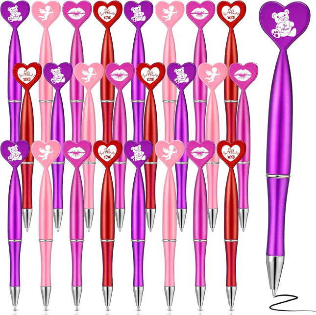 24 Pcs Valentine’s Day Heart-Shaped Pens: Black Ink Ballpoint Pens with Bear & Angel
