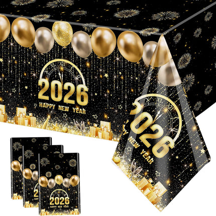 New Year 2026 Party Table Covers – 3-Pc Black & Gold Fireworks Tablecloths