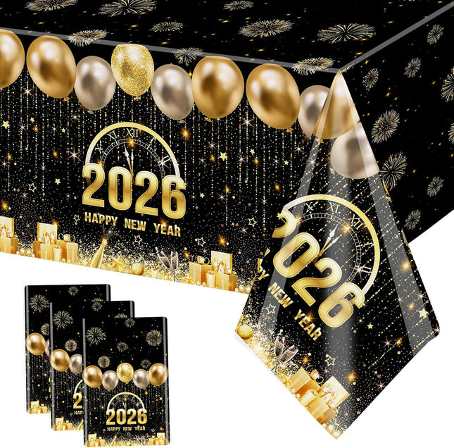 New Year 2026 Party Table Covers – 3-Pc Black & Gold Fireworks Tablecloths