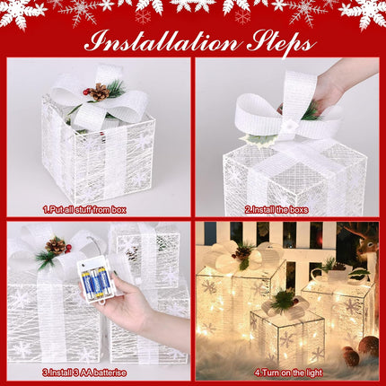 3 Pack Lighted Christmas Gift Boxes – Pre-lit Snowflake Ornament, Battery Operated