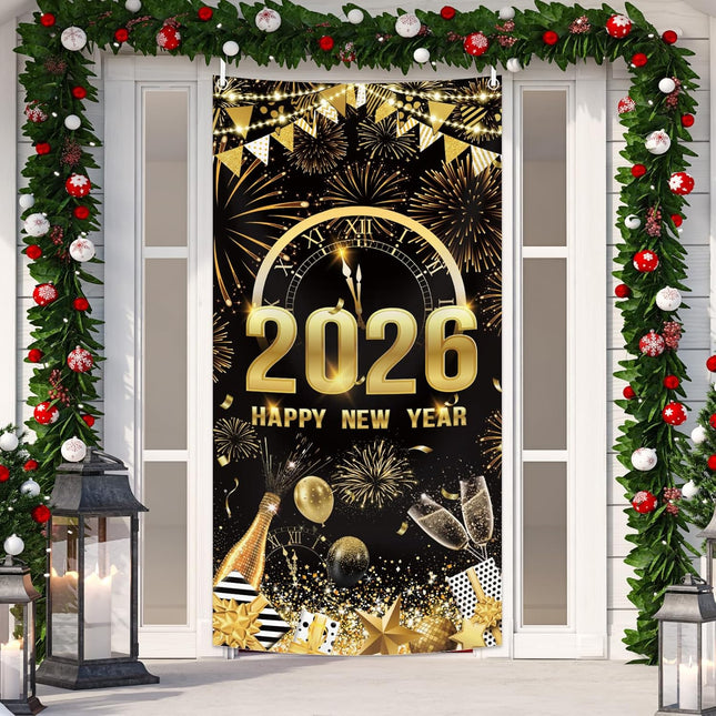 Happy New Year 2026 Door Banner Black Gold Fireworks Party Decoration