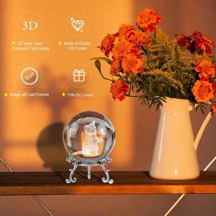 3D Cat Crystal Ball – 60mm Laser Engraved Glass Kitty with Stand, Gift for Women