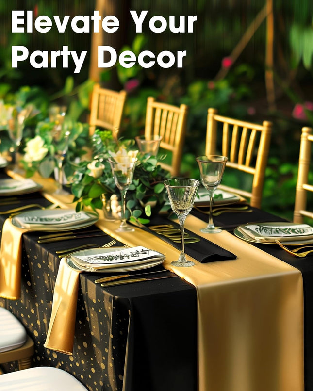 Party Tablecloth Set – 3 Table Covers + 3 Runners, Black & Gold Disposable