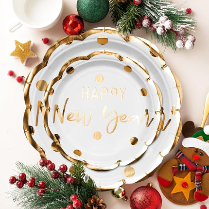Happy New Year 25-Pc Paper Plates – White & Gold Foil Disposable Tableware