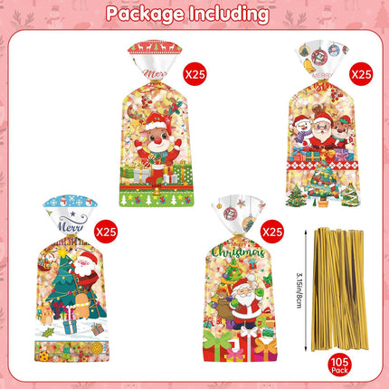 100PCS Clear Christmas Goody Bags Santa Claus Candy Snack Bags 4 Styles