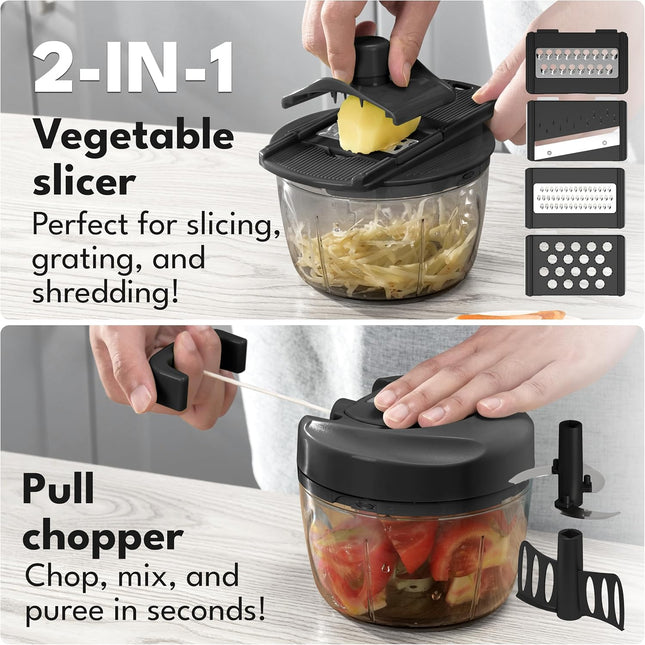 Manual Food Processor 26oz – Pull String Chopper for Veggies & Garlic