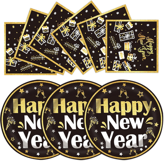 40 PCS Happy New Year 2025 Plates & Napkins Disposable Party Tableware Set