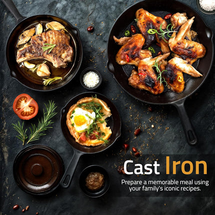 3-Piece Cast Iron Pan Set – 6, 8 & 10 Inch Skillets for Cooking Anywhere