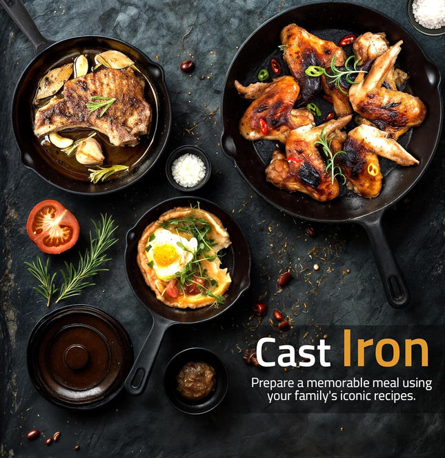 3-Piece Cast Iron Pan Set – 6, 8 & 10 Inch Skillets for Cooking Anywhere