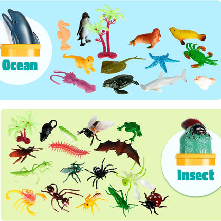 69 Pcs Mini Animal Figures Set with Sensory Bin – Jungle, Farm, Dino, Ocean Toys