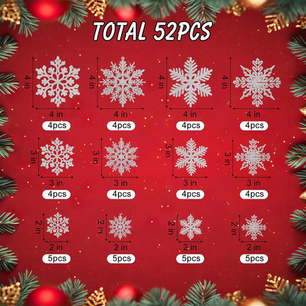 52-Piece Silver Glitter Snowflake Christmas Ornaments for Festive Decorating