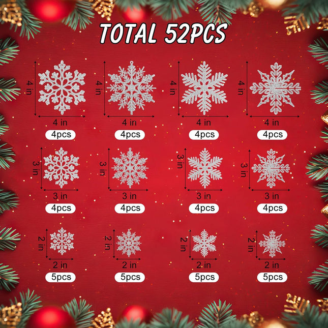 52-Piece Silver Glitter Snowflake Christmas Ornaments for Festive Decorating