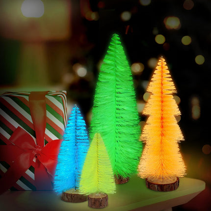 4pcs Mini Christmas Trees – Fluorescent Bottle Brush Trees with Wooden Base for Decor