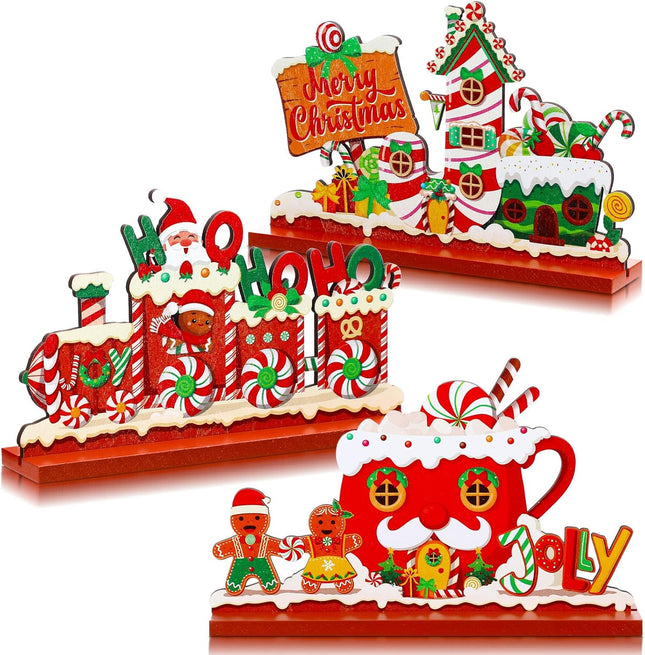 3PCS Christmas Wood Table Decor – North Pole Village & Candy House Centerpiece
