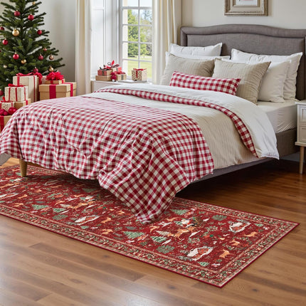 Red Christmas Tree & Santa Runner – 2'x8' Soft Non-Slip Holiday Rug