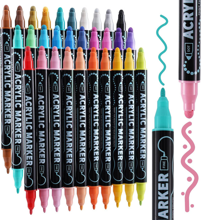 30 Colors Dual Tip Acrylic Paint Markers for DIY Crafts Rock Glass Canvas