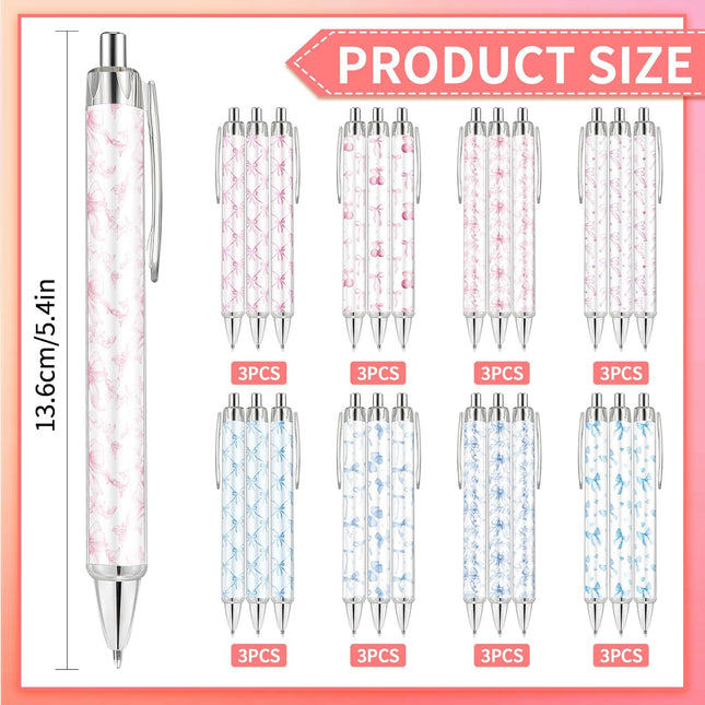 24 Pcs Cute Bow Ballpoint Pens – Pink & Blue Aesthetic, Black Ink, 8 Sweet Designs