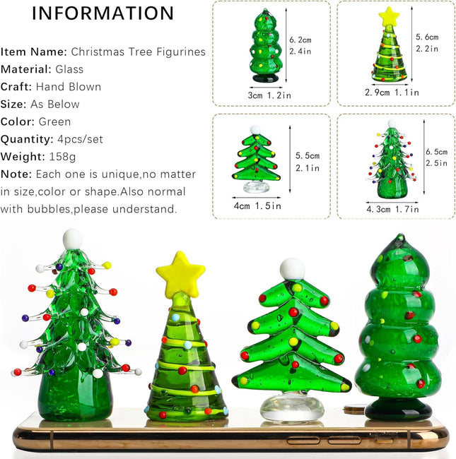 4-Piece Blown Glass Christmas Tree Figurine Set – Collectible Art Glass Statues for the Holidays
