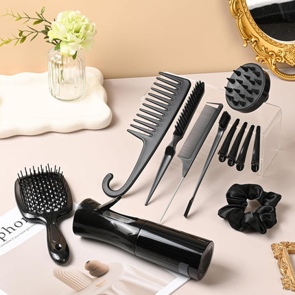 12-Piece Hair Styling Brush Set – Detangler, Teasing, Edge & Baby Hair Brushes (Black)