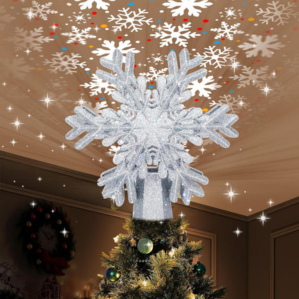 3D Silver Snowflake Projector Christmas Tree Topper - Hollow Pattern Holiday Decor